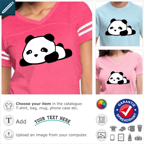 Panda kawaii t-shirt. Lying panda and stretched legs, black and white panda design to customize and print