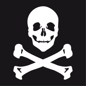 Smiling pirate emblem t-shirt to print in white on black. Skull and crossbones.