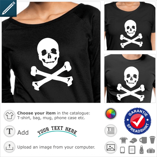 Pirate T-shirt with a sarcastic smile, funny skull to print in white on a black background to transform a t-shirt or bag into a pirate flag.