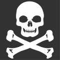 Pirate flag t-shirt. Skull and crossbones to be printed on a black or dark background, with square jaws and angular cheekbones.