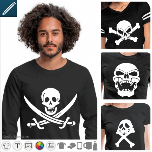 Custom pirate t-shirt and pirate flags, skulls, sparrow jack, jolly roger.
