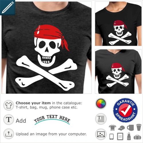 Jolly Roger pirate emblem t-shirt with crossed bones to print in white on black.