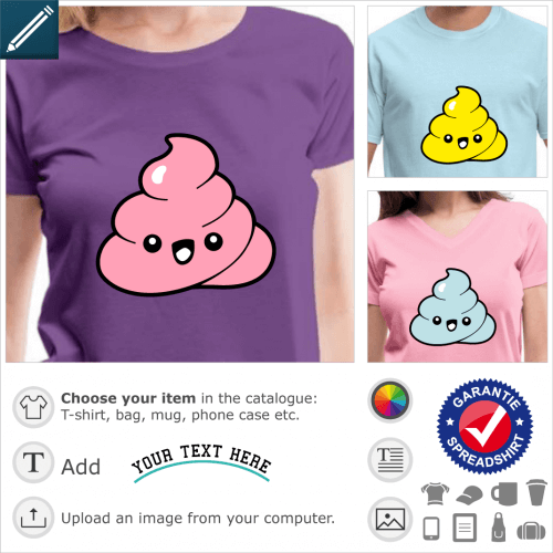 Poo emoji kawaii, emoji humor in the shape of a 3-color poop to print on t-shirt.