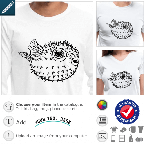 Fugu t-shirt to personalize yourself. Special black and white opaque Pufferfish for t-shirt printing.