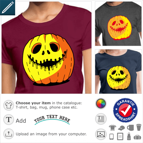 Pumpkin T-shirt to personalize and print online. Jack o'lantern and smile carved in a serrated arch.