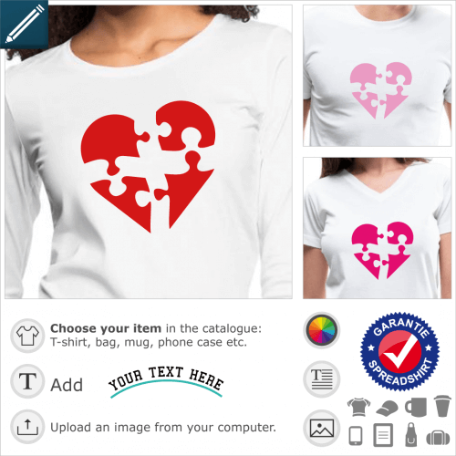 Heart t-shirt made of four puzzle pieces. One color heart design to print on a t-shirt or accessory. Puzzled heart.