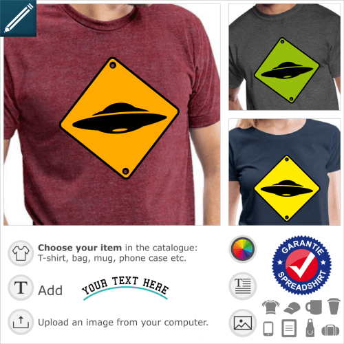 Road sign flying saucer t-shirt. saucer road sign, beware ufo passing, a funny road sign.