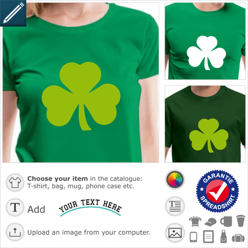 Shamrock t-shirt. Clover emblem of Ireland, Shamrock and Saint Patrick design in one color.