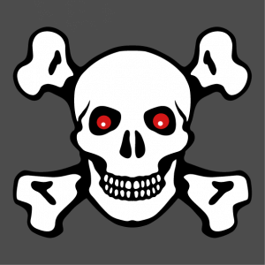 Red-eyed skull and crossbones T-shirt, a customizable design with contours and opaque background.