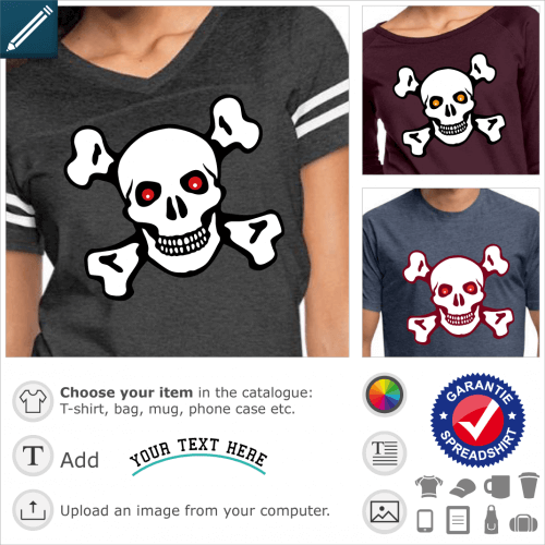 Skull and crossbones T-shirt with thick contours and red eyes, surrounded by crossed femurs.