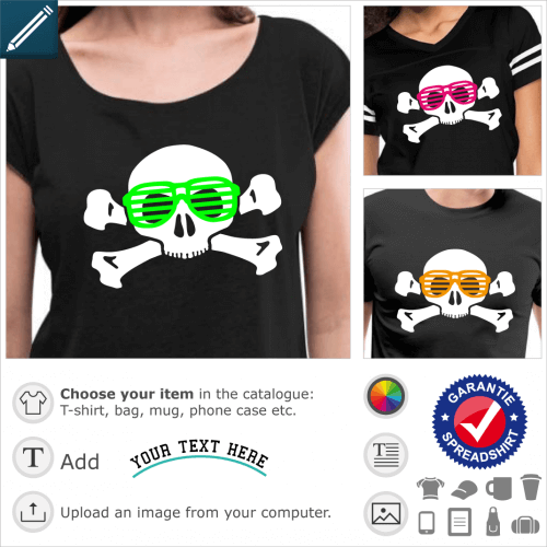 Nerd skull and crossbones t-shirt with thick, horizontally streaked glasses.