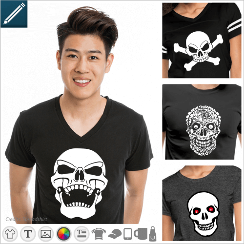 Custom skull and crossbones t-shirt. Skulls, skulls and crossed bones, stylized heads, choose your design to customize and print online