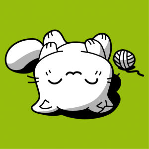 Funny cat t-shirt designed in kawaii style. The cat sleeps on its back, next to a ball of wool.