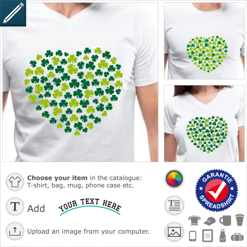 St Patricks Day heart t-shirt. Round heart made of Irish clovers. Traditional three-leaf shamrocks randomly scattered and forming a big heart for St P