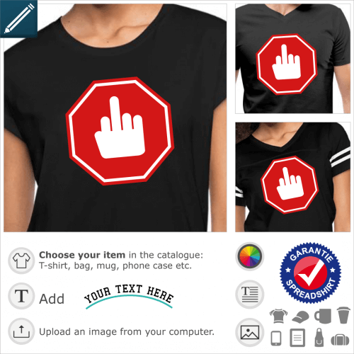 Stop t-shirt. stop sign and middle finger, a humor design and traffic sign to print on t-shirt or mug, gift, etc..