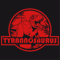 Dinosaur t-shirt to customize. Stylized T-rex cut out on a round red background, and crossbar indicating: tyrannosaurus.