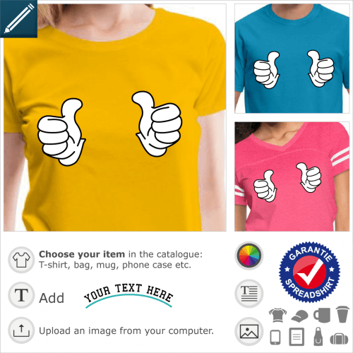 T-shirt thumbs up. Thumbs apart facing outwards, special design with white solid colors and black contours.