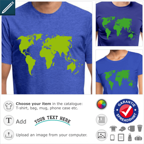 World Map t-shirt. One color world map, Earth design and special world map printed on t-shirt or gift.