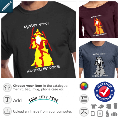 Computer t-shirt. You shall not parse, you shall not pass, computer scientist joke in pixel art with gandalf silhouette, sword and stick raised.